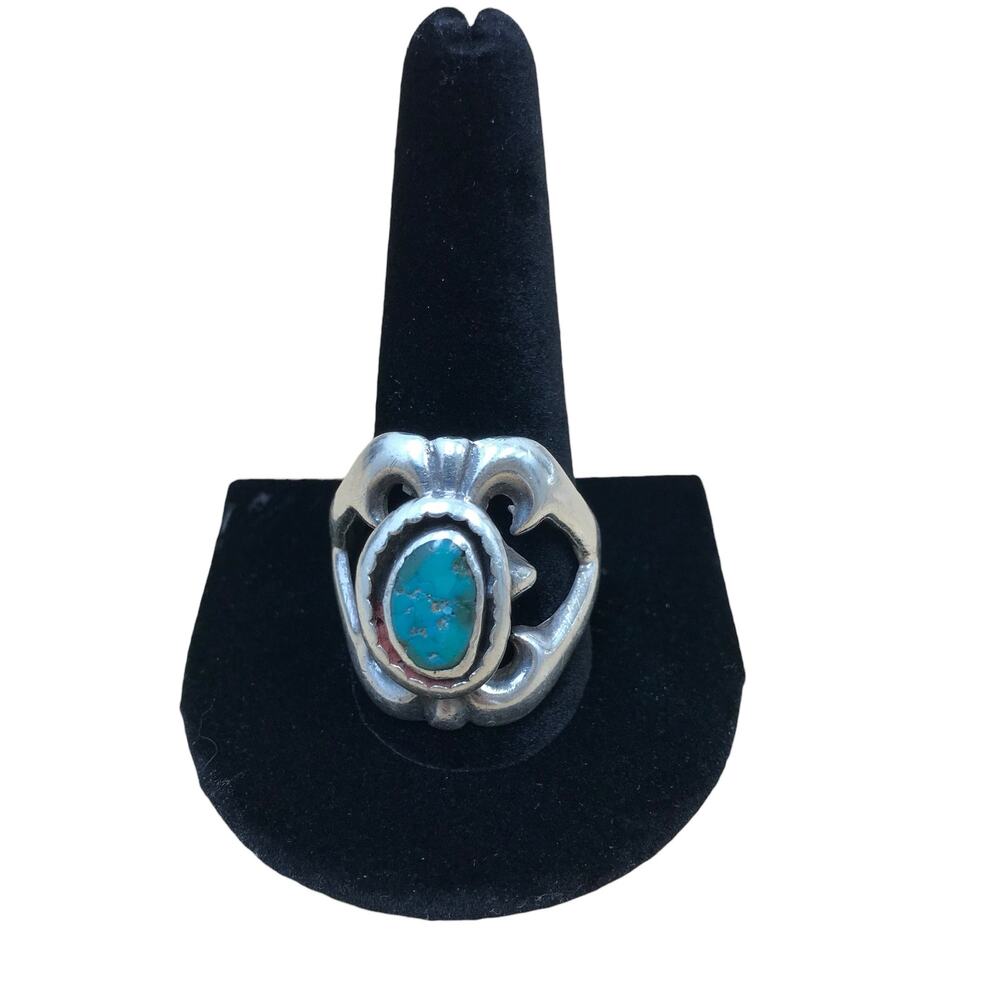 Sterling Silver Navajo Sandcast Turquoise Ring Vintage Feather Plum Size 13